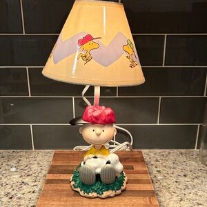 PEANUTS Charlie Brown & Snoopy Baseball Lamp w/Woodstock Lampshade - 13 1/2”